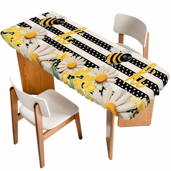 Spring Bees Daisy Table Cloths for 8 Foot Rectangle Tables, Rustic Tulips Dots Black Striped Burlap Patio Waterproof Elastic Fitted Tablecloths, Washable Rectangular Table Cover for Camping