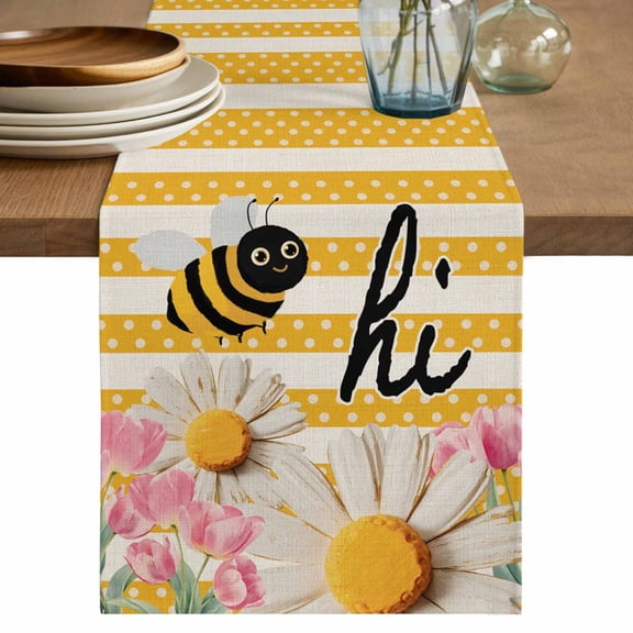 Spring Bees Daisy Table Runner, Rustic Tulips Dots Yellow Striped Burlap Washable Cotton Linen Table Runners 90 Inches Long, Dresser Scarf Runner for Dining/Coffee/Kitchen/Hallway Tables 13''x90''