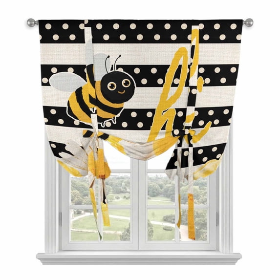 Spring Bees Daisy Tie Up Curtains for Windows, Balloon Window Shades, Rustic Tulips Dots Black Striped Burlap Kitchen Window Treatments Roll Up Curtain for Basement/Nursery 52"x45"