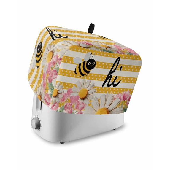 Spring Bees Daisy Toaster Cover 2 Slice, Small Kitchen Appliance Covers, Rustic Tulips Dots Yellow Striped Burlap Toaster Oven Cover with Loop, Bread Machine Cover Polyester Dust Cover Protection