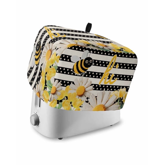 Spring Bees Daisy Toaster Cover 4 Slice, Large Kitchen Appliance Covers, Rustic Tulips Dots Black Striped Burlap Toaster Oven Cover with Loop, Bread Machine Cover Polyester Dust Cover Protection