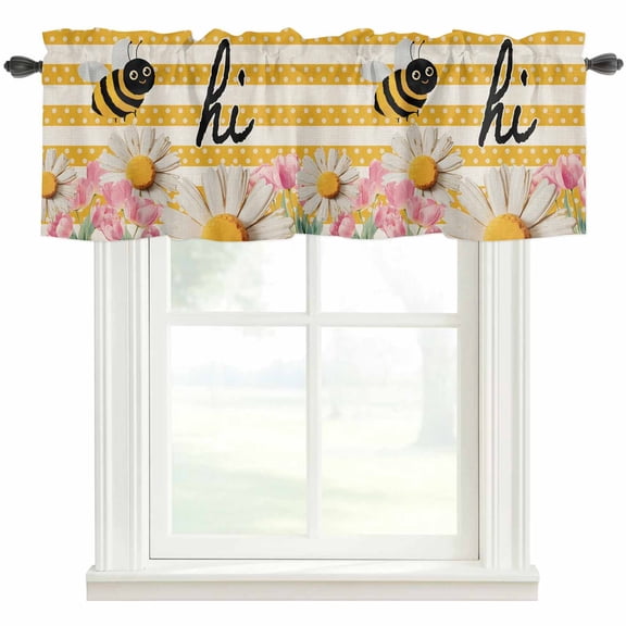 Spring Bees Daisy Valances for Windows Farmhouse Kitchen Curtains Valances Rod Pocket Valance Curtains for Windows Rustic Tulips Dots Yellow Striped Burlap Valances for Bathroom Bedroom 42"x12"