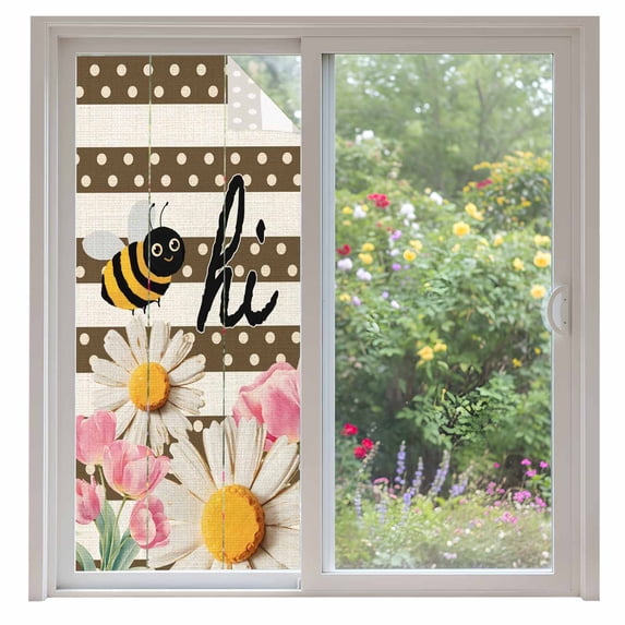 Spring Bees Daisy Window Privacy Film, Rustic Tulips Dots Brown Striped Burlap Static Cling UV Sun Blocking Heat Control Window Tint Day and Night, Non-Adhesive One Way Privacy Cover 35.4''x78.7''