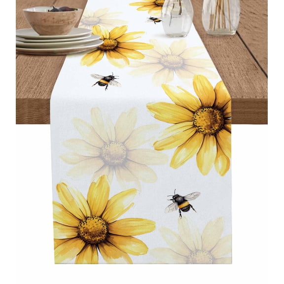 Spring Bees Table Runner Cotton Linen 108 Inch Holiday Dresser Scarves, Sunflower White Vintage Botanical Art Tablerunner for Kitchen Coffee Dining Bedroom Living Room Dinner Scarf Décor 13''x108''