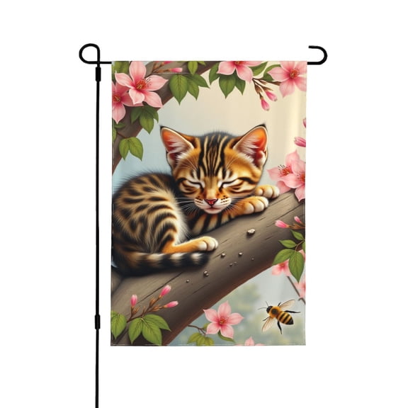 Spring Bengal Kitten Sleeping On Branch Garden Flag 12x18 Inch, Double Sided Outdoor Decor, Cute Cat Flowers Yard Flag, Seasonal Farmhouse Banner