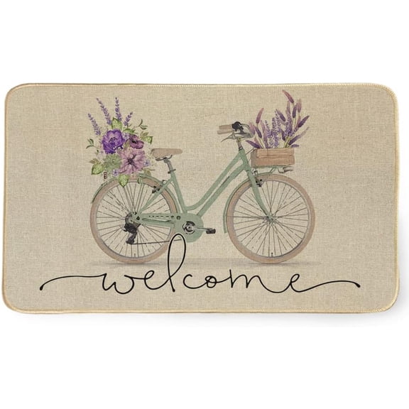 Spring Bicycle Flower Decorative Doormat, Welcome Entrance Door Mats Farmhouse Low-Profile Floor Rug for Indoor Outdoor Front Porch, 17 x 30 Inch DM005