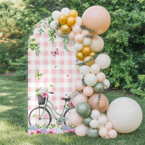 Spring Bicycles Arch Backdrop Cover 4 FT, Roses Flower Eucalyptus Leaves Pink Plaid Wedding Arch Cover Stretchy Backdrop Stands Covers for Birthday Party Ceremony Banquet Decor