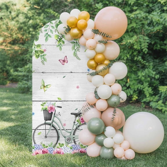 Spring Bicycles Arch Backdrop Cover 6 FT, Roses Flower Eucalyptus Leaves Wood Grain Wedding Arch Cover Stretchy Backdrop Stands Covers for Birthday Party Ceremony Banquet Decor