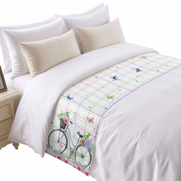 Spring Bicycles Bed Runner for Queen Size Bed, Roses Flower Eucalyptus Leaves Rainbow Stripe Soft Bedding Scarf Bedding Protector Slipcover Sofa Throw for Bedroom Hotel Guesthouse