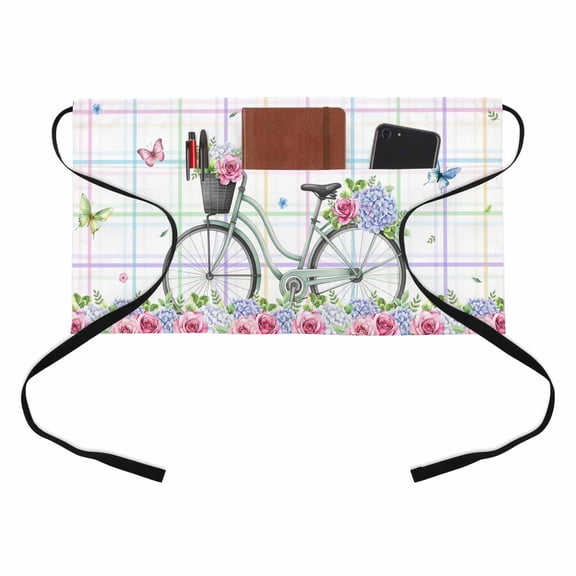 Spring Bicycles Half Waist Apron Roses Flower Eucalyptus Leaves Rainbow Stripe Short Waiter Aprons with 3 Pockets for Women Men Kitchen Restaurant Cooking