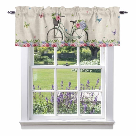 Spring Bicycles Valance Curtain for Windows Roses Flower Eucalyptus Leaves Retro Linen Rod Pocket Curtain Valances Short Window Treatments Panels for Kitchen Bathroom Laundry Basement 60 x 18 Inch