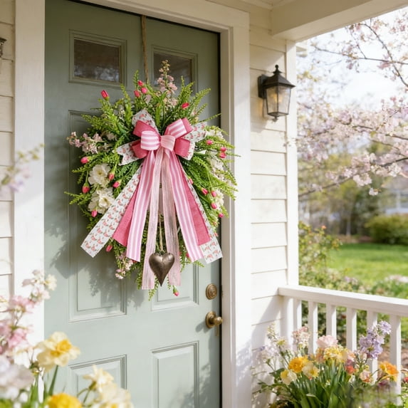 Spring Big Bow Wreath, Artificial Green Leaf Floral Front Door Wreath, Large Bowknot Hanging Garland, Decorative Accent for Indoor, Outdoor, Garden, Wall, Party & Home Decor, Pink, 20in/50cm