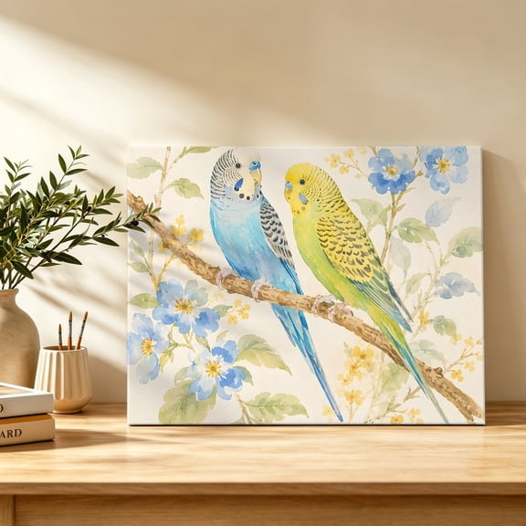 Spring Bird Canvas Wall Art, Country Vintage Yellow Blue Budgerigar Flower Tree Wall Art Prints Artwork Framed Canvas Ready to Hang Art Pictures for Bathroom Bedroom Entry Desk Corner 10" x 8"