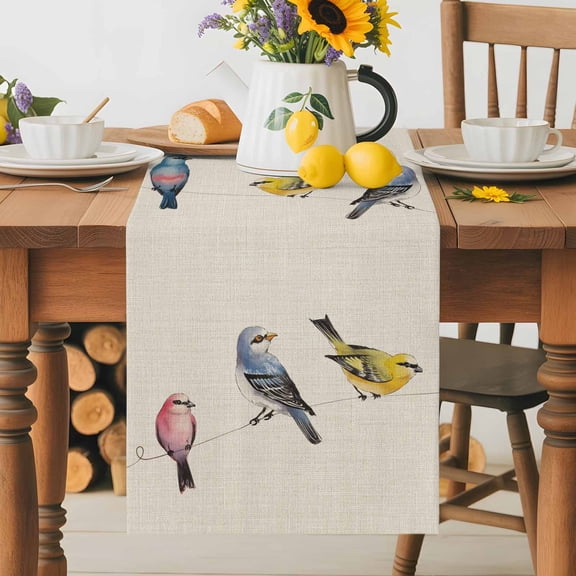 Spring Bird Dining Table Runner, Vintage Watercolors Red Blue Yellow Animal Linen Texture Washable Table Runners Kitchen Coffee Table Center Decor for Home Party Holiday Wedding 13 x 36 Inches