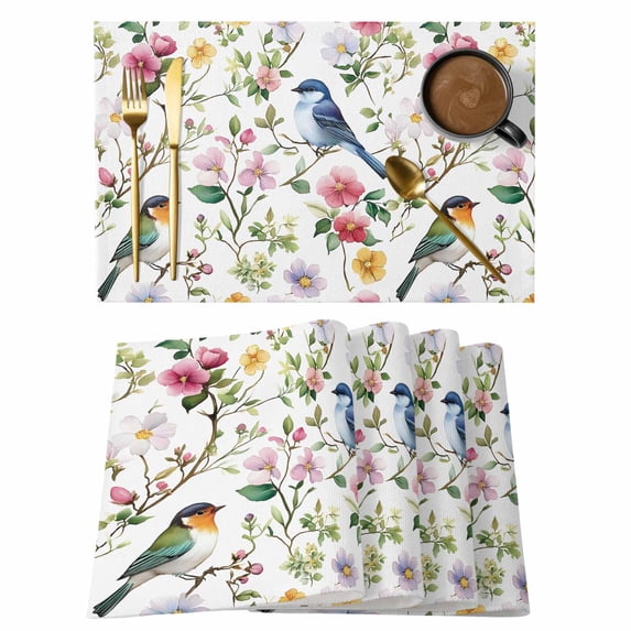 Spring Bird Floral Placemats Set of 12 Summer Birds Flowers Watercolor Place Mats Indoor Wipeable Table Mats Washable Cloth Dining Table Placemats for Kitchen Holiday Party Home Decor 13x19 Inch