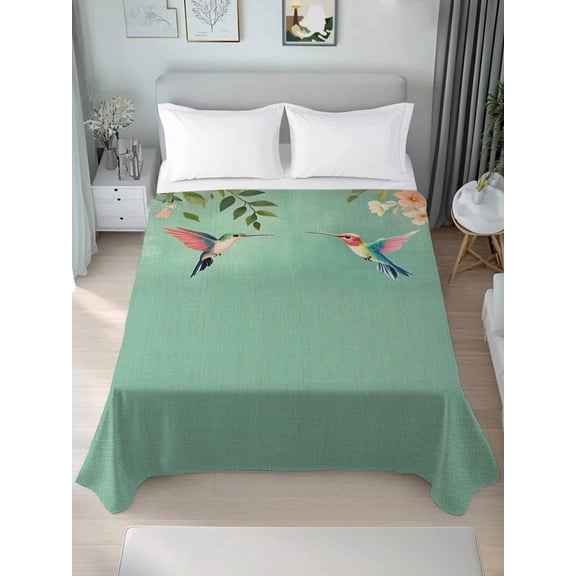 Spring Bird Flowers King Size Flat Sheet, Wrinkleproof & Fadeproof Cooling Flat Bed Sheet Only, Farmhouse Watercolor Botanical Plant Breathable Soft Bedding Top Sheets 105 x 98 Inches