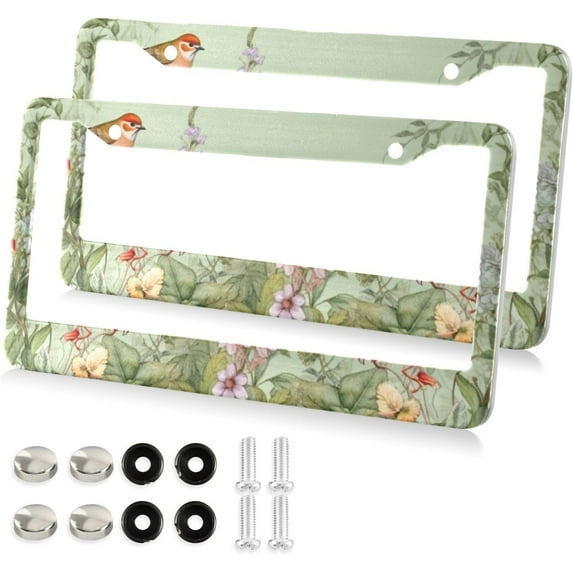 Spring Bird Flowers License Plate Frames - Universal Aluminum License Plate Covers with Screws, 2 Pack Holder Car Accessories for Front and Rear Plates Home Decor