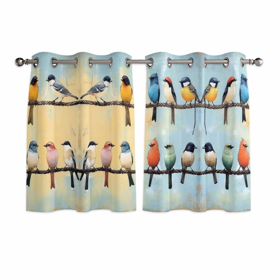 Spring Bird Kitchen Curtains Short 54 Inch Length, Blue Yellow Colorful Animal Oil Painting Grommet Top Bedroom Living Room Curtains, Light Filtering Cafe Curtain Drapes 2 Panels Set 84''x54''