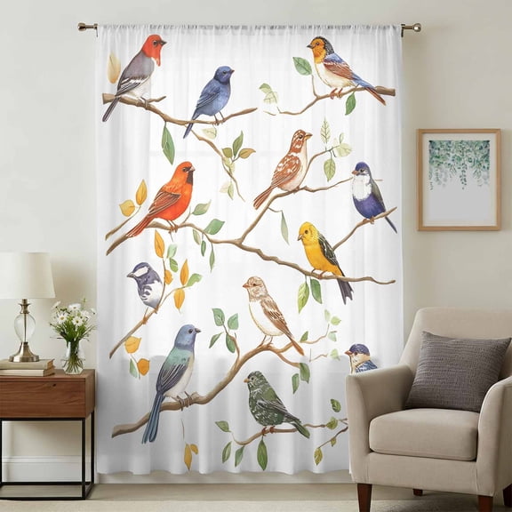 Spring Bird Leaf Sheer Curtains 72 Inches Long, Farmhouse Tree Branch Nature Animals Light Filering Curtains, Breathable Simi Curtain Privacy Drapes for Living Room Bedroom Window Treatment