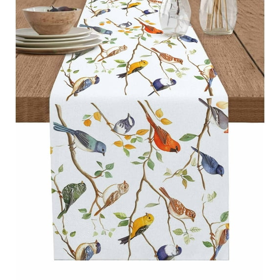 Spring Bird Leaf Table Runner 72 Inches, Farmhouse Tree Branch Nature Animals Bed Runner Dresser Scarves Tabletop for Indoor Outdoor Parties/Ceremony/Banquet, 18" x 72"