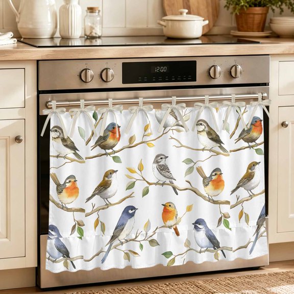 Spring Bird Oven Skirt Curtain 32"Wx24"L,Waterproof Ruffled Stove Cover Skirt with 8 Ribbon Ties,Colored Leaf Branch Painting Watercolor Decorative Oven Door Curtains for Kitchen Cabinet Storage