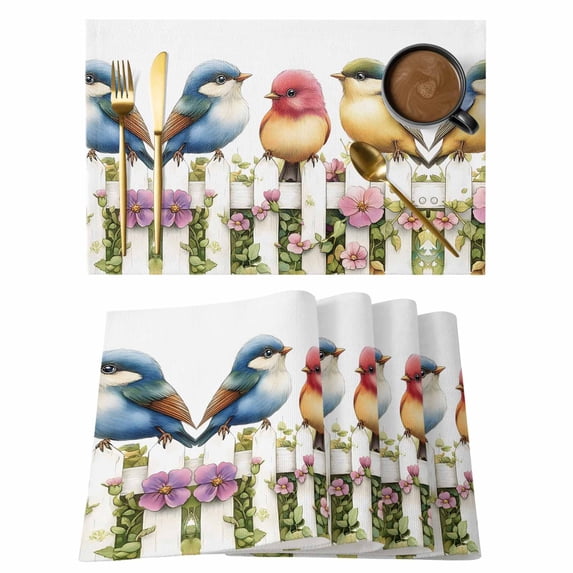 Spring Bird Placemats Set of 12, Vintage Flower Fence Watercolor Non-Slip Place Mats Washable Table Mats for Kitchen Dining Table Decorations Indoor/Outdoor