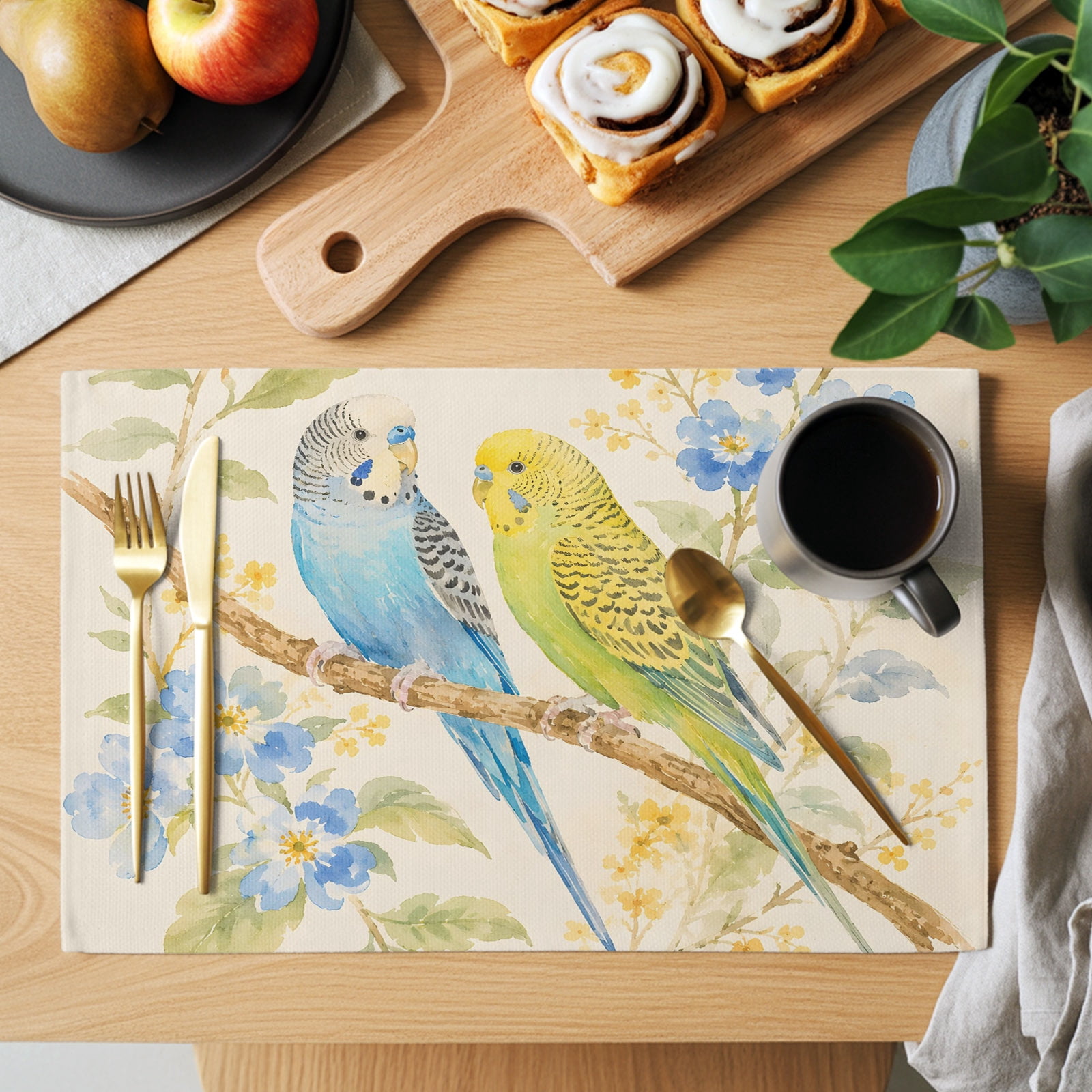 Long Table Setting Spring Bird Placemats Set of 8, Country Vintage Yellow Blue Budgerigar ...