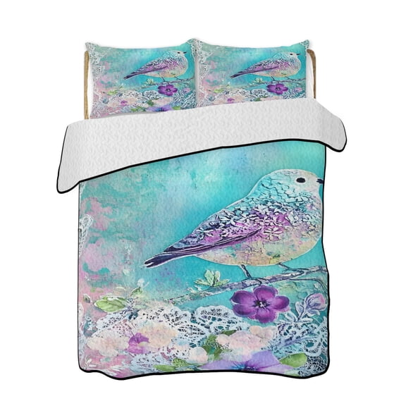 Spring Bird Quilts Bedding Set Twin Size Watercolor Vintage Colorful Bird White Leaf Purple Pink Floral Teal Lightweight Quilted Bedspread 3 Piece Bed Quilt with 2 Pillow Shams for Bedroom 68" x 86"