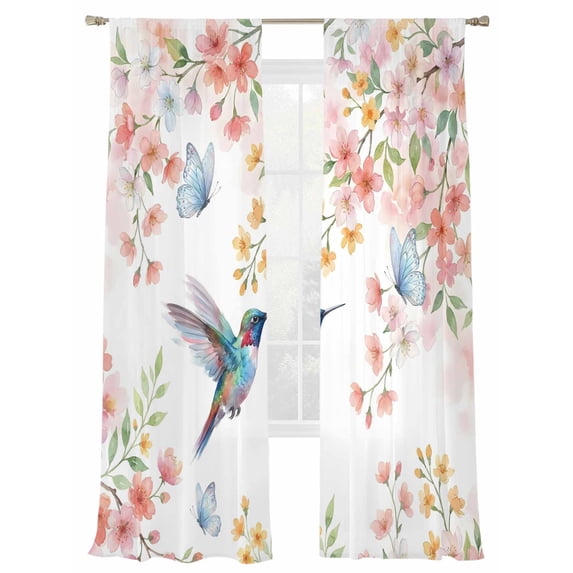 Spring Bird Sheer Curtains 2 Panels Set Pink Orange Flower Branch Blue Butterfly Country Sheer Window Curtains Light Filtering Rod Pocket Voile Drapes for Bedroom Living Room 52"X108"