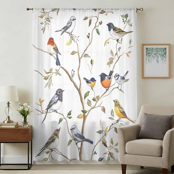 Spring Bird Sheer Curtains 45 Inches Long, Retro Leaf Flower Branch Animal Watercolor Light Filering Curtains, Breathable Simi Curtain Privacy Drapes for Kitchen Bathroom Small Window Treatment