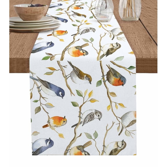 Spring Bird Table Runner 36 Inches, Colored Leaf Branch Painting Watercolor Bed Runner Dresser Scarves Tabletop for Indoor Outdoor Parties/Ceremony/Banquet, 13"x 36"