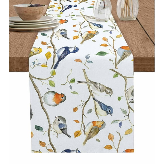 Spring Bird Table Runner 48 Inches, Watercolor Tree Branch Botanical Leaf Plant Bed Runner Dresser Scarves Tabletop for Indoor Outdoor Parties/Ceremony/Banquet, 13" x 48"