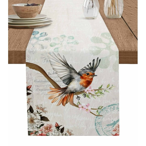 Spring Bird Table Runner Summer Vintage Farmhouse Branch Flower Tablerunners 13 x 48 Inch, Table Decorations Tabletop Scarf for Summer Gathering Holiday Farmhouse Kitchen Dining Decor