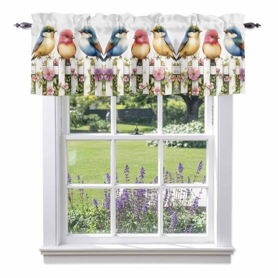 Spring Bird Valance Curtain Vintage Flower Fence Watercolor Window Valances Rod Pocket Short Curtains Window Treatments for Kitchen Bedroom Bathroom Laundry 60" x 18"