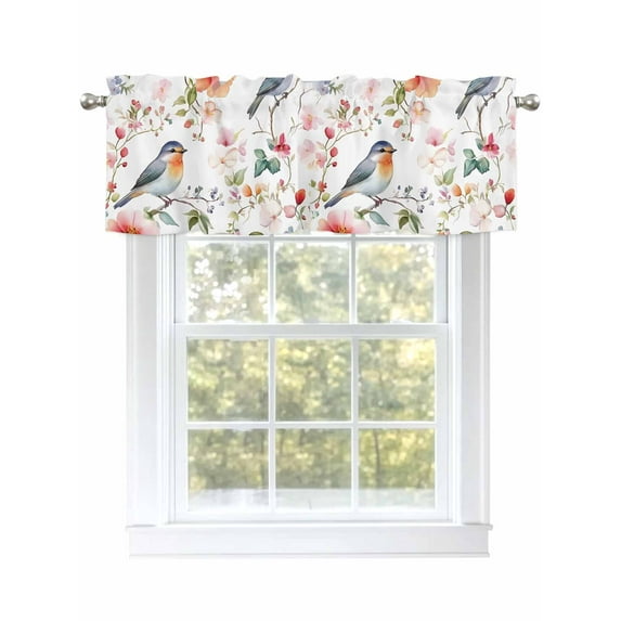 Spring Bird Valances for Windows, Rod Pocket Kitchen Valance Curtains - Soft & Washable Small Window Treatment for Living Room, Bathroom, Pink Flowers, 54x18inch