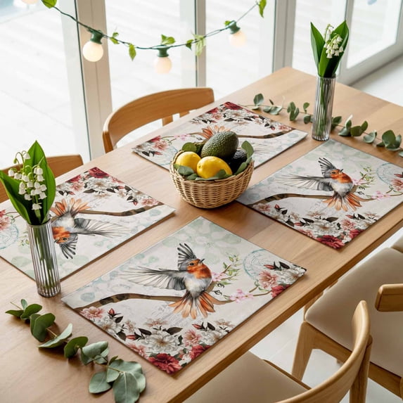 Spring Bird Vintage Postcard Placemats Set of 4,Wipeable Washable Table Mats for Dining Tables, Country Flower Tree Branch Place Mats for Kitchen Event Party Tabletop Decor