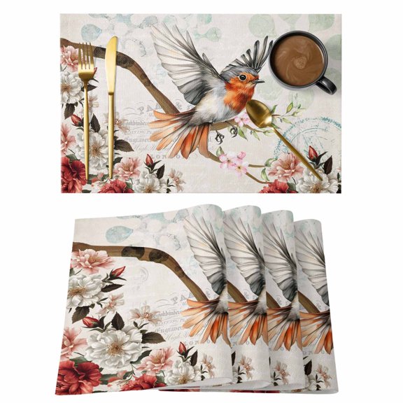Spring Bird Vintage Postcard Placemats Set of 6,Wipeable Washable Table Mats for Dining Tables, Country Flower Tree Branch Place Mats for Kitchen Event Party Tabletop Decor
