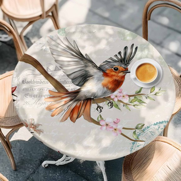 Spring Bird Vintage Postcard Round Fitted Tablecloth with Elastic Edge,Waterproof Table Cloth Fits Tables Up to 36"-44",Wipeable Washable Table Cover for Indoor Outdoor,Country Flower Tree Branch