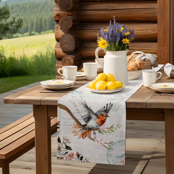 Spring Bird Vintage Postcard Table Runner 13x90in Non-Slip Cotton Linen Table Runners, Country Flower Tree Branch Dresser Scarves TableRunner for Dinner Kitchen Dining Wedding Party