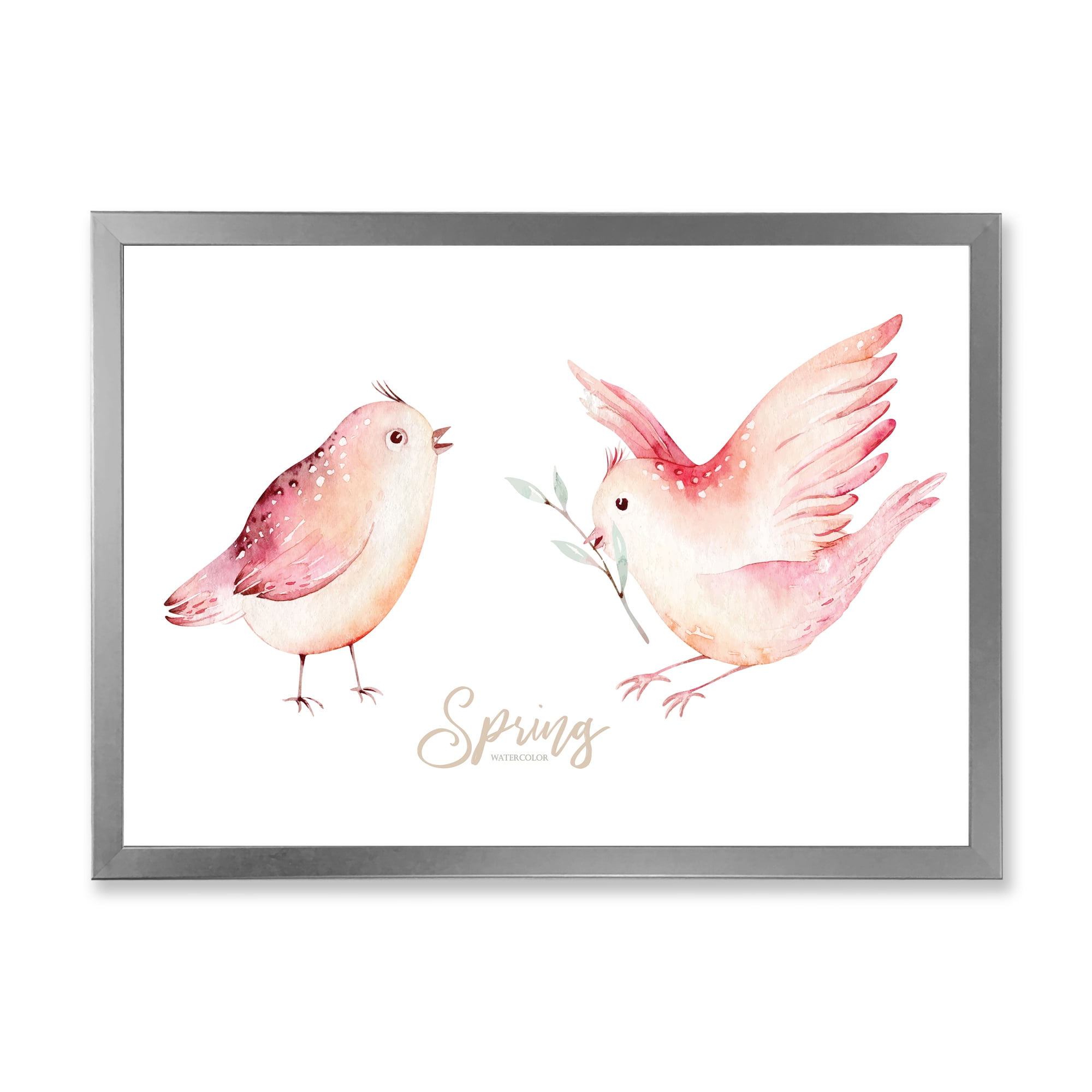 Spring Bird With Green Leaves On White 32 in x 16 in Framed Painting Canvas Art Print, by Designart
