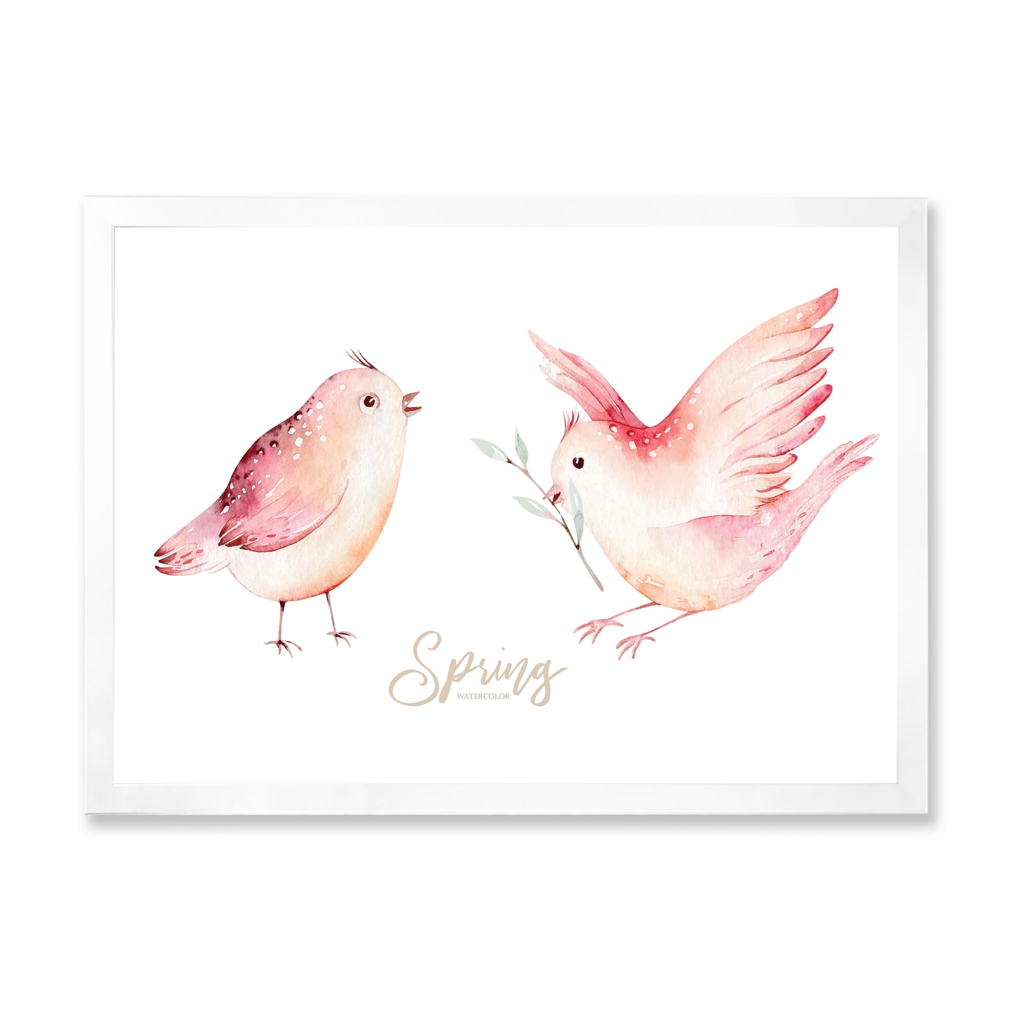Spring Bird With Green Leaves On White 32 in x 24 in Framed Painting Canvas Art Print, by Designart