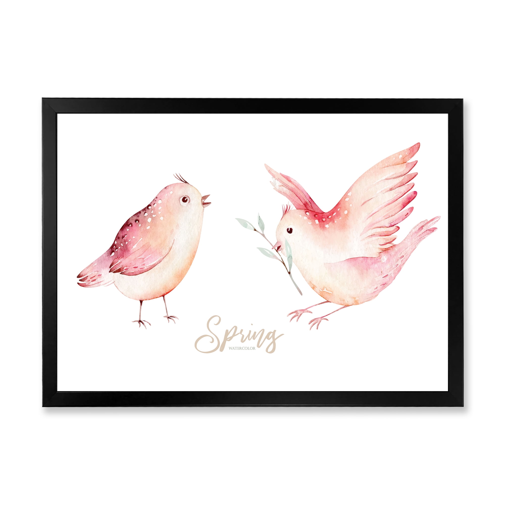 Spring Bird With Green Leaves On White 40 in x 30 in Framed Painting Canvas Art Print, by Designart