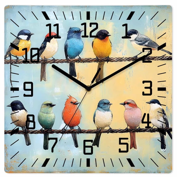 Spring Bird Wooden Wall Clock Silent Non Ticking, Blue Yellow Colorful Animal Oil Painting Square Wall Clocks Battery Operated, Decor Clock for Home Office, Living Room, Kitchen, 12 Inch