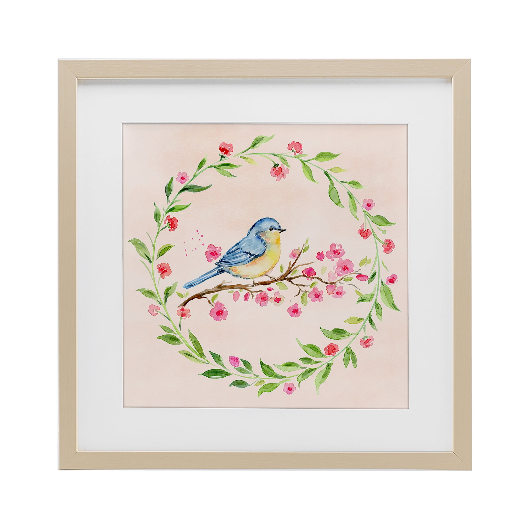 Spring Bird Wreath Perch Birch Framed Print Under Glass, design by Elena Fay