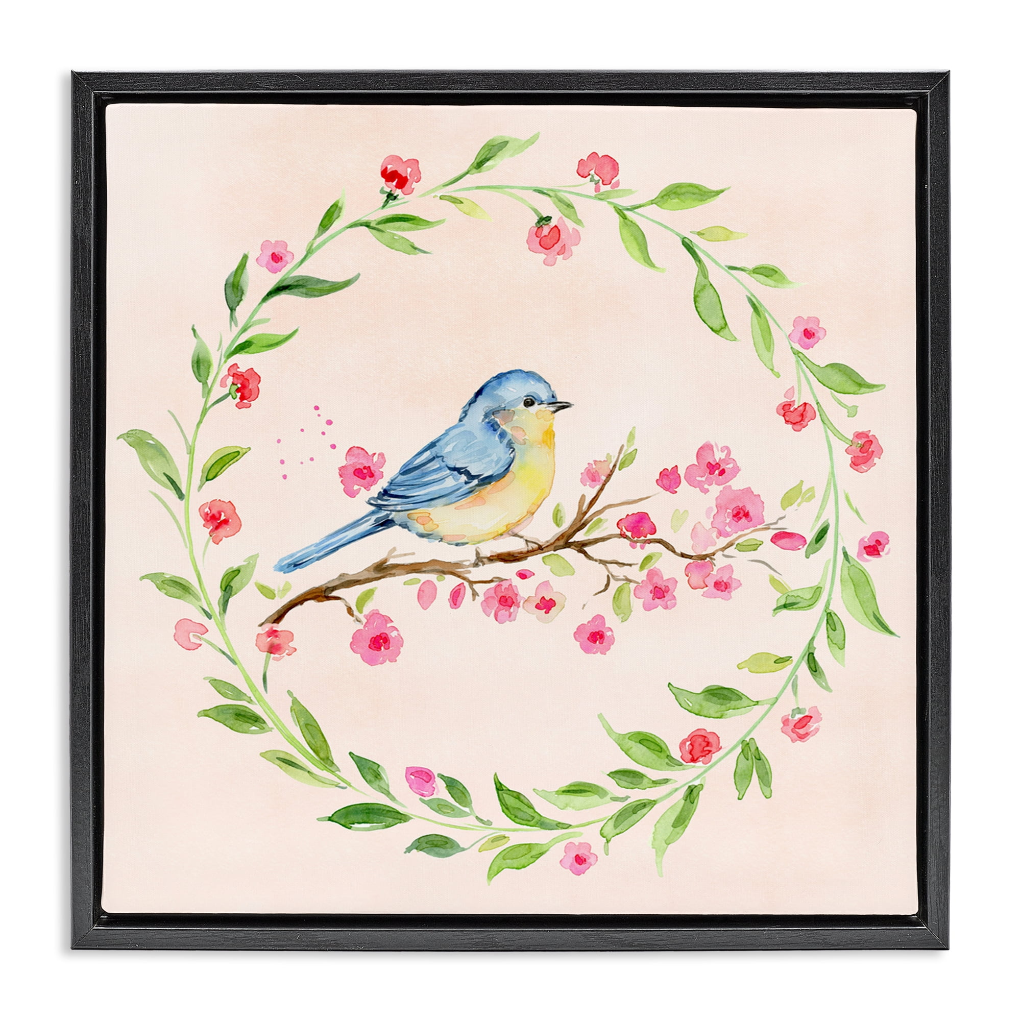 Spring Bird Wreath Perch Black Framed Floater Canvas Wall Art, design by Elena Fay