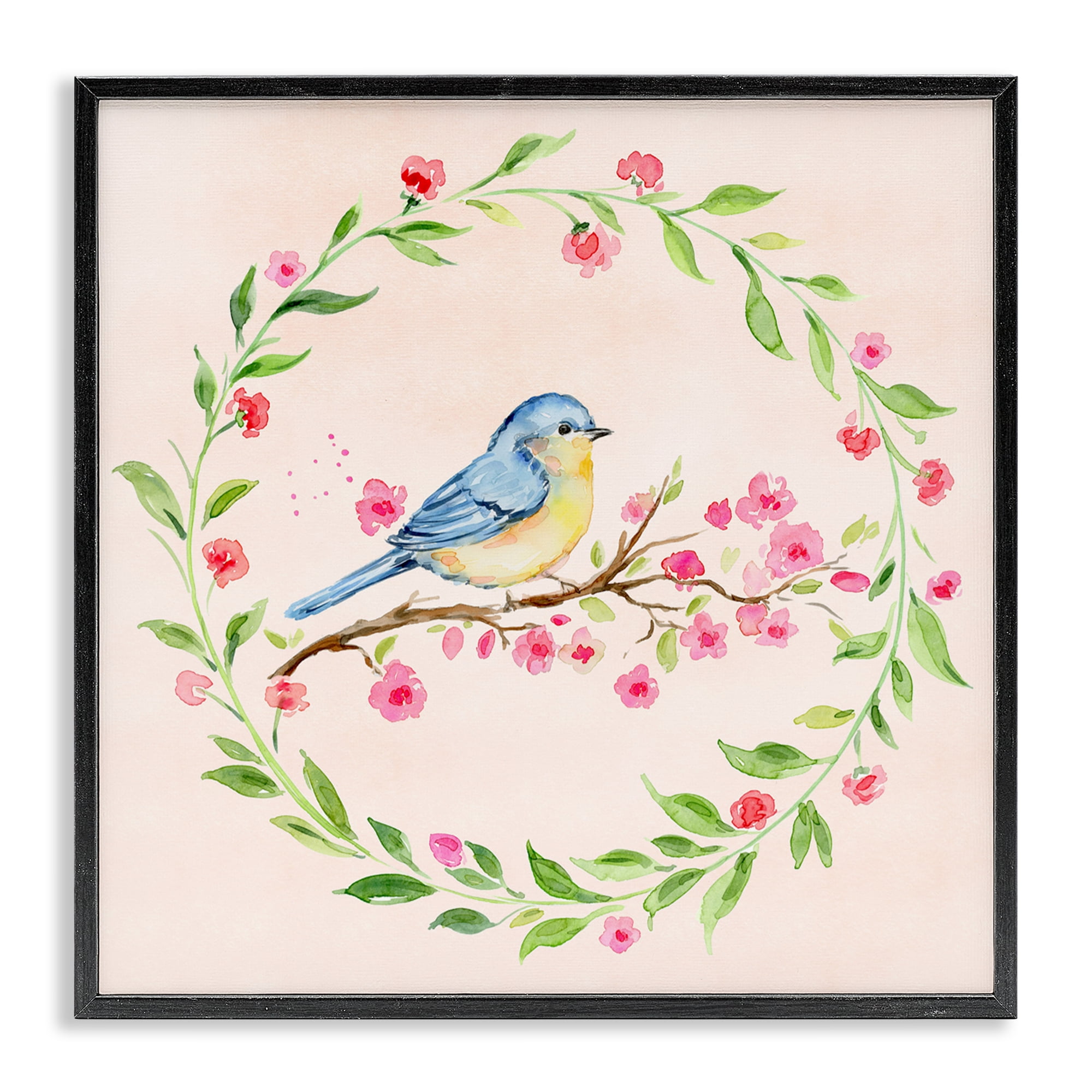 Spring Bird Wreath Perch Black Framed Giclee Art, design by Elena Fay