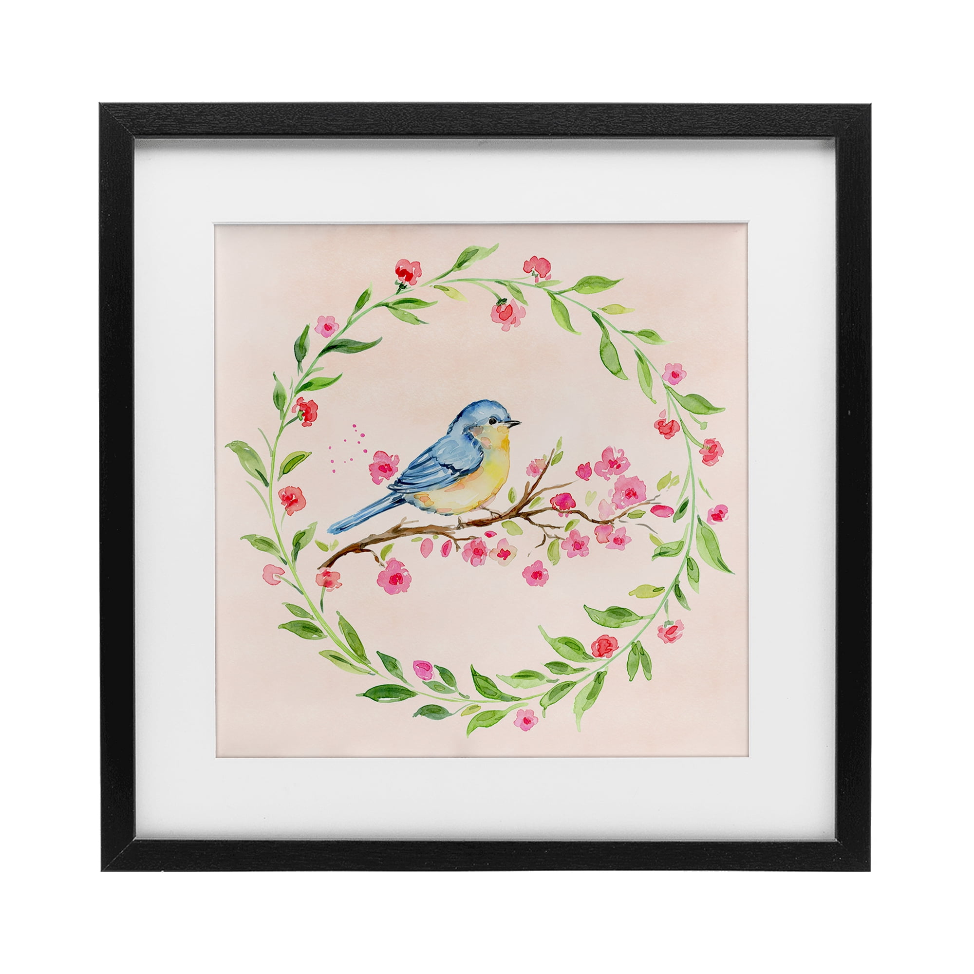 Spring Bird Wreath Perch Black Framed Print Under Glass, design by Elena Fay