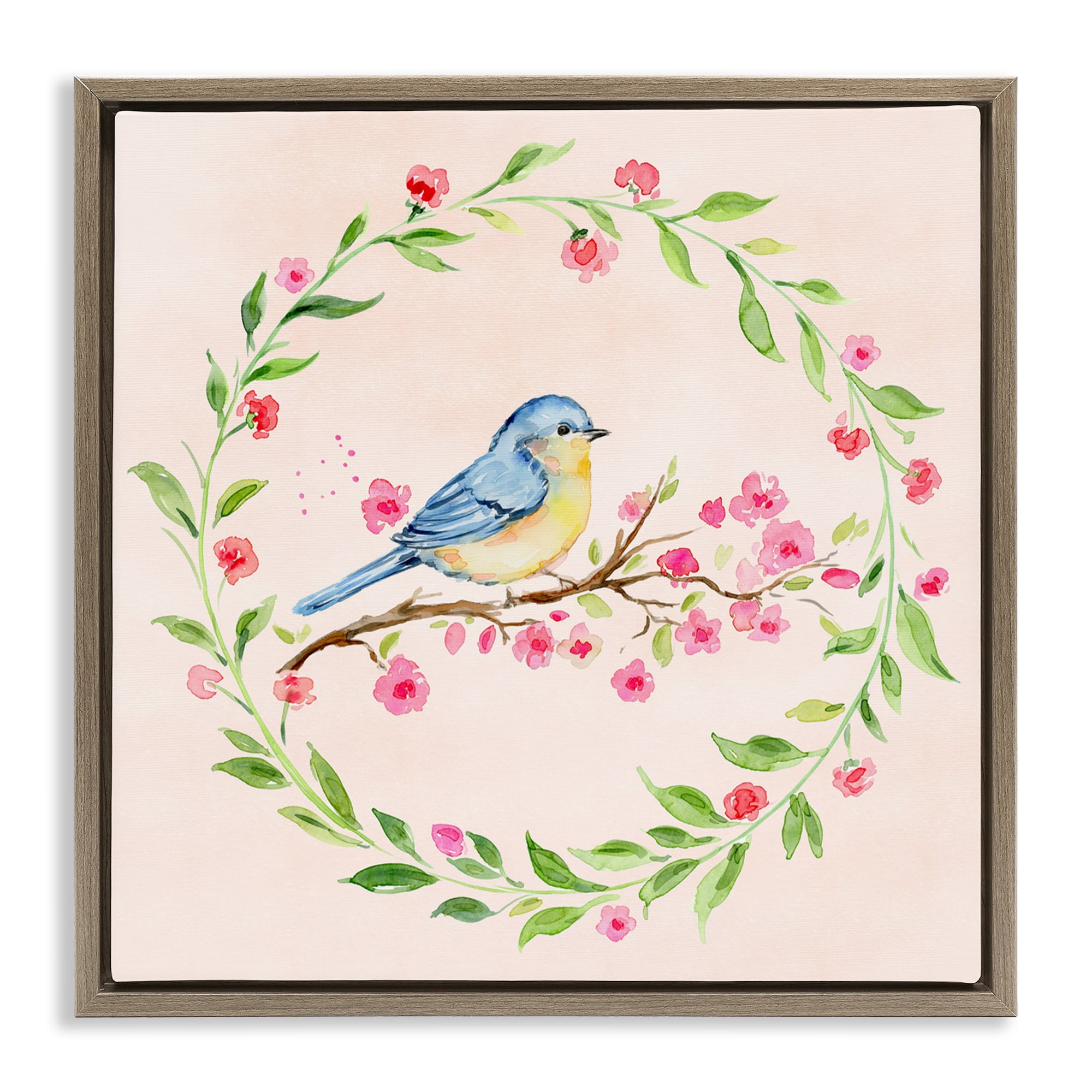 Spring Bird Wreath Perch Brown Framed Floater Canvas Wall Art, design by Elena Fay