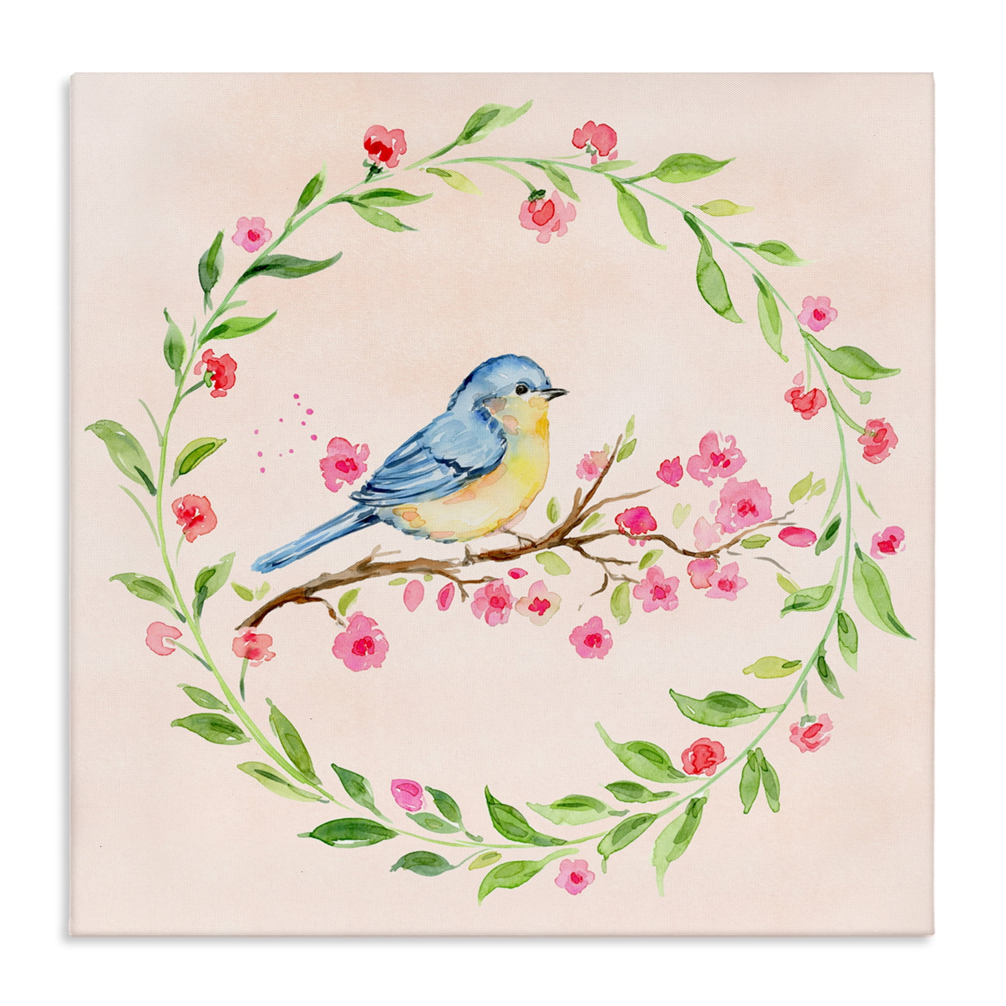Spring Bird Wreath Perch Canvas Wall Art, design by Elena Fay