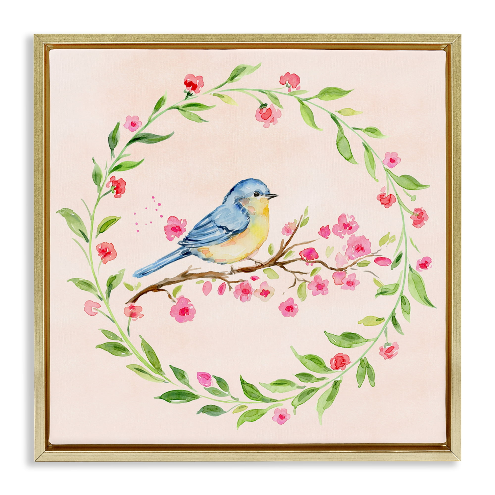 Spring Bird Wreath Perch Gold Framed Floater Canvas Wall Art, design by Elena Fay